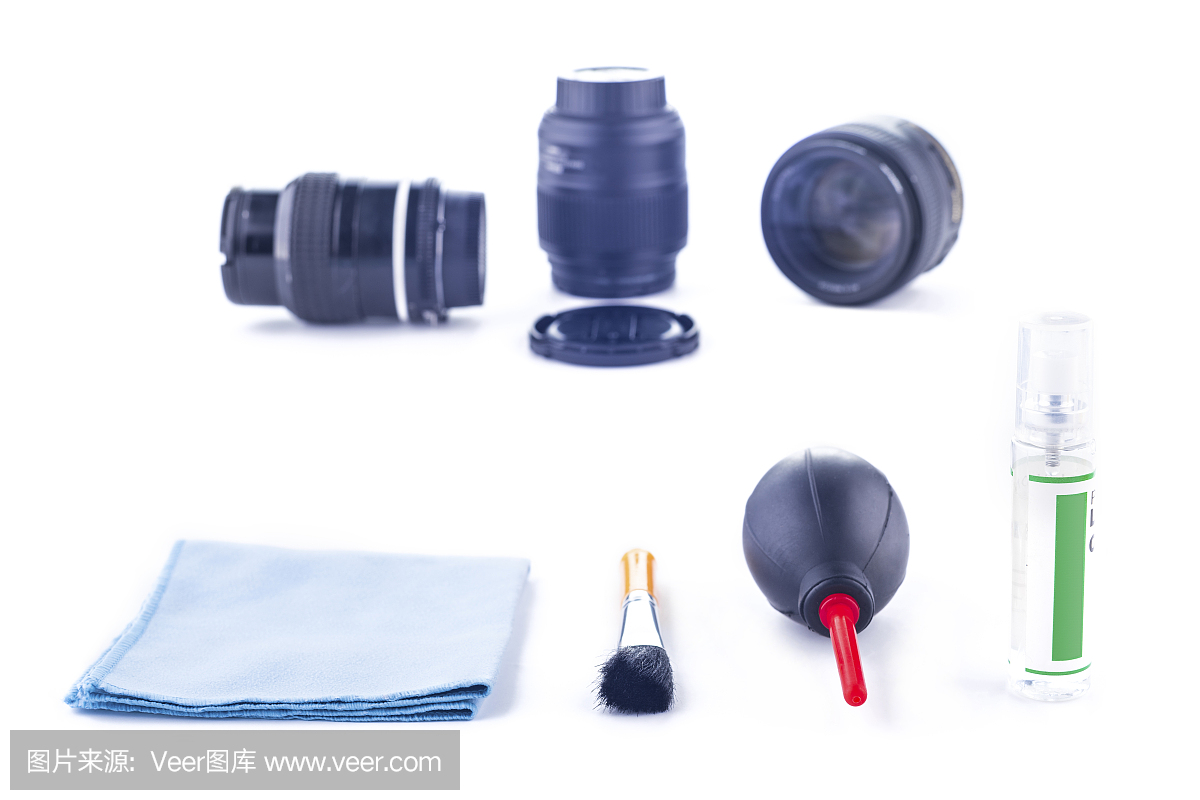 清洁工具包的相机镜头在一个白色的背景,摄影师配件,专业镜头清洁服务,横幅